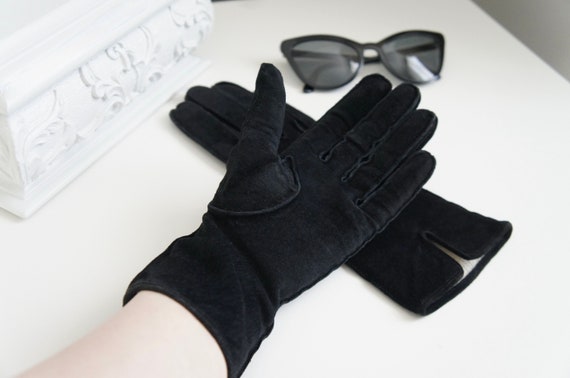 Vintage Black Suede Gloves, Black Suede Lined Glo… - image 1