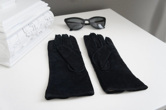 Vintage Black Suede Gloves, Black Suede Lined Glo… - image 7