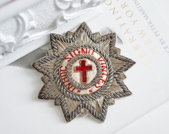 Silver Bullion Velvet Cross Pin, In Hoc Signo Vinces Antique Patch, Masonic Knights Templar Bullion Patch, Cross Pin, Masonic Cross Brooch