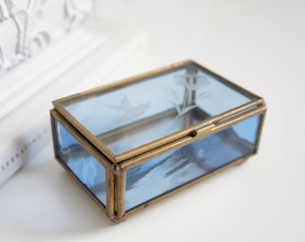 Stained Glass Etched Jewelry Box, Small Blue Victorian Stained Glass Jewelry Box, Clear Glass & Brass Jewelry Box, Small Glass Shadow Box