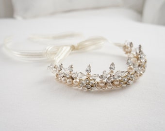 Antique Crystal & Pearl Tiara, Antique Bridal Crown Headdress, Vintage Pearl Crown, Vintage Pearl Headdress, Vintage Pearl Crown Hairpiece