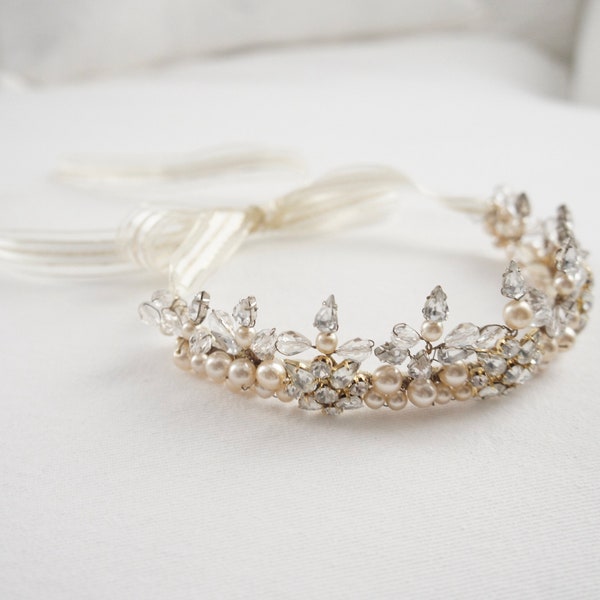 Antique Crystal & Pearl Tiara, Antique Bridal Crown Headdress, Vintage Pearl Crown, Vintage Pearl Headdress, Vintage Pearl Crown Hairpiece