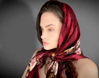 Silk Burgundy Rose Scarf, Red Rose Sheer Pinstripe Floral Scarf, Sheer Red Rose Headscarf, Burgundy Floral Scarf, Adrienne Vittadini Scarf