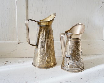 Set of 2 Brass Stamped Pitchers, Brass Water Pitcher Set, Vintage Brass Watering Can, Made in England Brass Jugs, Vintage Stamped Brass Jugs