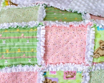 Minky Rag Quilt - Pastel Baby Quilt (40" x 40"and Standard size Pillow Case (20 x 30")