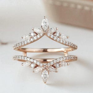 Unique Moissanite Ring Enhancer Ring Marquise Cut Engagement Ring Solid Gold Double Curved Wedding Ring Matching Ring For Women Gift For Her