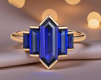 Vintage Lange Hexagon Blau Saphir 14K Gold Verlobungsring