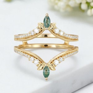 Moss Agate Marquise Cut Double Curved Engagement Ring 14K Gold Moissanite Enhancer Ring Wedding Promise Ring Bridal Women Ring Gift For Her
