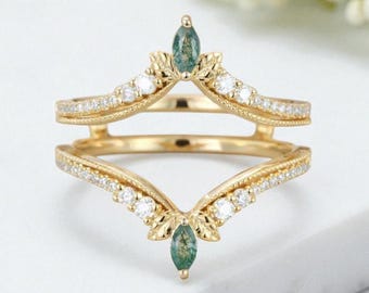 Moss Agate Marquise Ring Enhancer, 14K Gold Moissanite Promise Ring