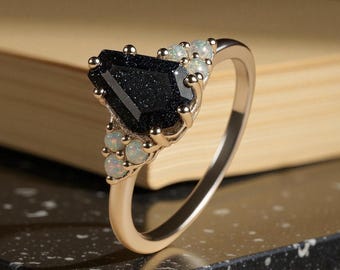 Coffin Cut Blue Sandstone Ring, Opal Accents, 925 Silver