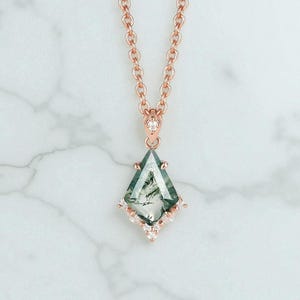 Natural Moss Agate Kite Pendant Necklace For Women Rose Gold Moissanite Necklace Anniversary Promise Gift Green Moss Agate Pendant For Her