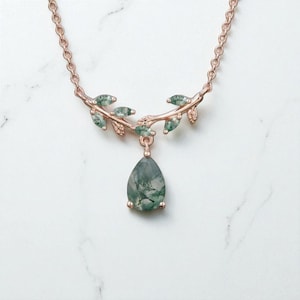 Vintage Pear Moss Agate Necklace Vintage Rose Gold Marquise Cut Necklace Pendant Art Deco Leaf Necklace Birthday Gift Moss Agate Necklace