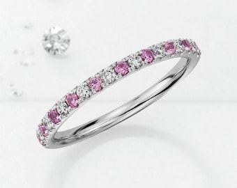 Pink Sapphire Moissanite Wedding Band, Sterling Silver Half Eternity Ring