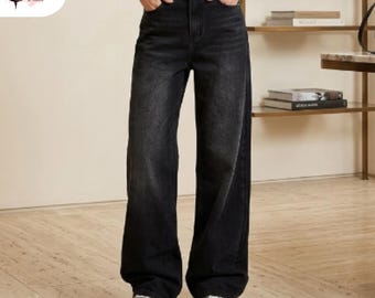 Calça jeans vintage coreana unissex, cintura alta, pernas largas, estilo streetwear Y2K, modelagem reta e folgada, preta, para homens e mulheres.