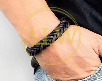 Geflochtenes Lederarmband für Männer: Edelstahl-Magnetverschluss