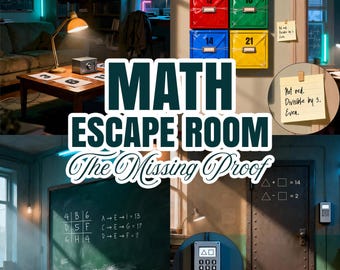 Puede incluir: Imagen de un interior de una sala de escape con temática matemática. La escena incluye una pizarra con ecuaciones, una cerradura de combinación y cajas numeradas. El texto "MATH ESCAPE ROOM The Missing Proof" es visible.