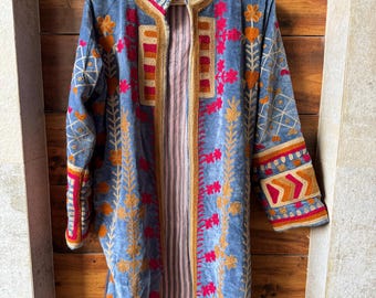 Velvet Suzani Kimono Coat, Embroidered Boho Jacket