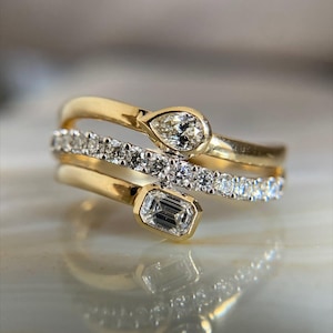 Toi Et Moi Diamond Ring, Pear Emerald Cut, Moissanite Stack, 925 Silver, 10K-18K Gold