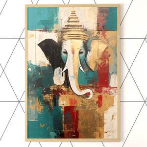 Abstract Ganesha Wall Art – Spiritual Elephant God Painting with Gold Accents | Hindu Deity Fine Art Print, Yoga Room Decor