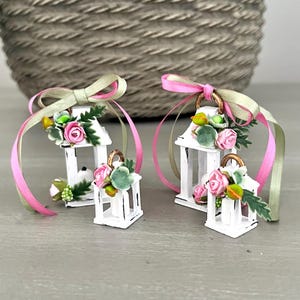 Miniature Lantern Set – 1:12 Scale Dollhouse Decor – 3D Printed with Flowers and Handmade Clay Candle Decoration