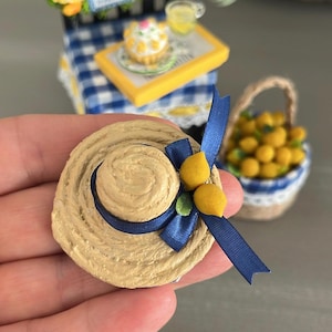 Miniature Resin Hat for Dollhouse | Handmade  Clay Lemons & Blue Silk Ribbon | Tiny Dollhouse Accessory