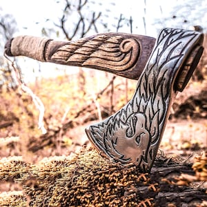 Custom Handmade Viking Axe | Norse Bearded Axe with Leather Sheath | Engraved Handle Gift for Dad, Husband, Boyfriend, Anniversary Gift Idea