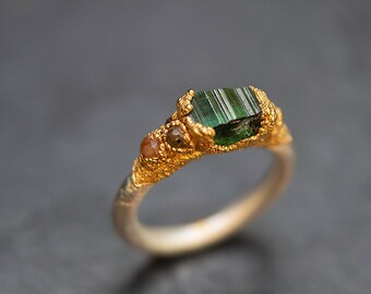 Forest Green - gold and silver engagement/wedding ring with green tourmaline and orange sapphires