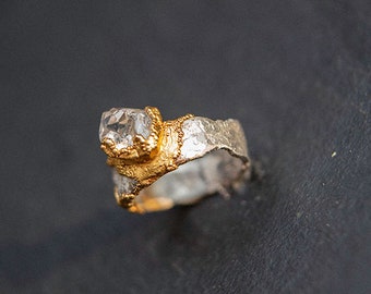 Herkimer Crown - silver ring with Herkimer diamond in gold-plated setting