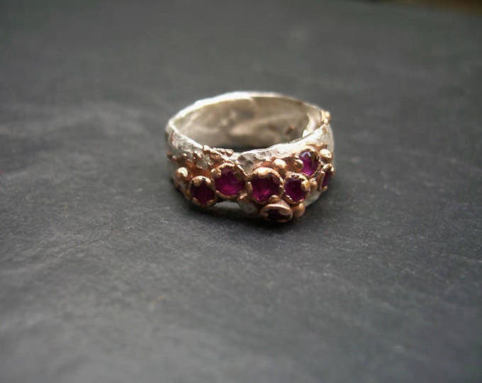 Red Fire - silver ring with rubies in gold-plated setting