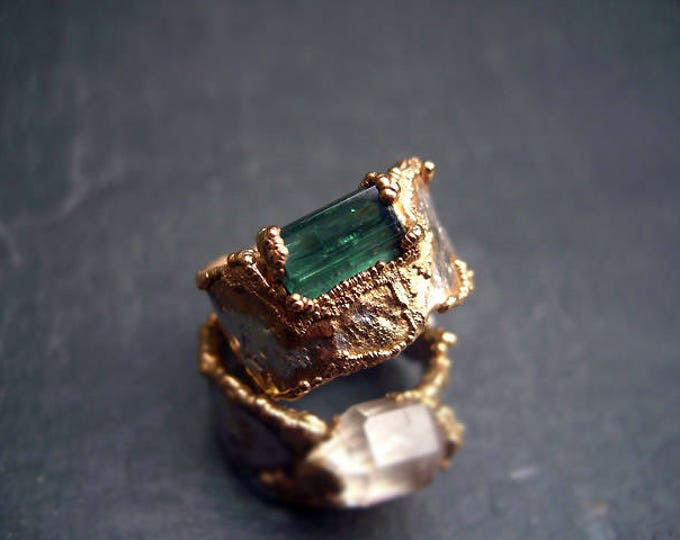Emerald Pool - silver ring with green tourmaline or emerald in gold-plated setting