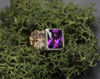 Maximus - silver gold crocheted ring with amethyst