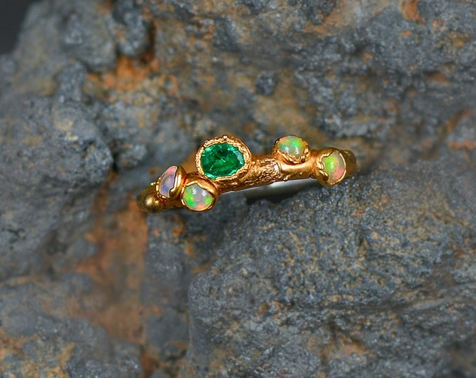 Emerald Delight - silver ring with emerald and Ethiopian opals in gold-plated setting