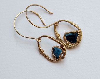 Into the Night - silver gold plated earrings with rough midnight blue tourmalines