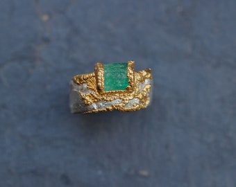 Echoes of Eden - silver or gold textured organic ring with emerald