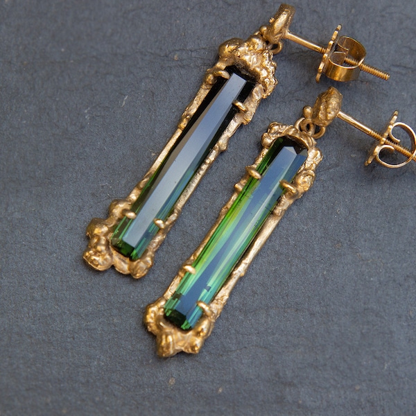 Luscious Baroque - solid gold earrings with green tourmalines