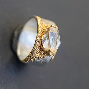 Herkimer King - textured silver ring with Herkimer diamond in gold-plated setting