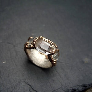 Talisman Ring - textured silver ring with Herkimer diamond in gold-plated setting