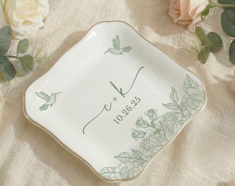 Personalized Ceramic Ring Dish, Wedding Ring Holder, Custom Initials & Date, Green Floral Hummingbird, Gold Rim Trinket Tray, Bridal Gift