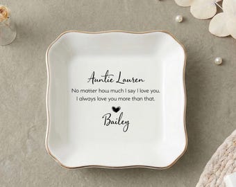 Plato para anillos personalizado para tía, bandeja de cerámica para joyas personalizada, regalo de sobrina para tía, plato para baratijas con cita sentimental, regalo con nombre