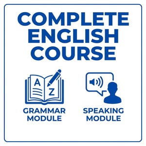 May include: A blue and white graphic advertising a complete English course. The text "COMPLETE ENGLISH COURSE" is at the top. Below are icons for a grammar module and a speaking module.