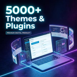 Puede incluir: Un portátil que muestra un panel de control de un sitio web está rodeado de pantallas digitales que muestran temas y plugins de sitios web. La imagen presenta el texto "5000+ Themes & Plugins" y "Premium Digital Product" en blanco sobre un fondo oscuro.