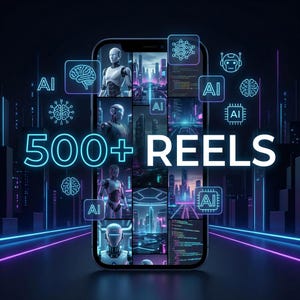 Op de afbeelding: Een smartphone toont een futuristisch stadsbeeld en AI-thema-iconen. Het scherm toont afbeeldingen van robots en code, met de tekst "500+ REELS" in helder wit. Het kleurenschema is een levendige mix van blauw, paars en neonaccenten.