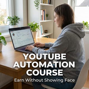Puede incluir: Una persona usa una computadora portátil en una mesa de madera. La pantalla de la computadora portátil muestra una interfaz de YouTube con gráficos y datos. El texto "YOUTUBE AUTOMATION COURSE" se muestra de forma destacada, con la frase "Earn Without Showing Face".
