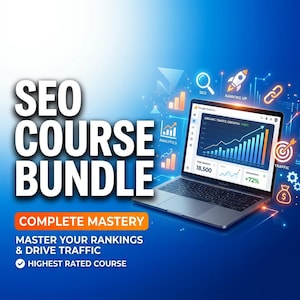 Könnte beinhalten: Eine Grafik für digitales Marketing mit dem Text "SEO COURSE BUNDLE" in großen weißen Buchstaben. Ein Laptop zeigt ein Diagramm, das das organische Traffic-Wachstum zeigt. Zusätzlicher Text enthält "COMPLETE MASTERY".