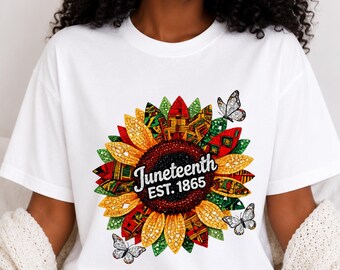 ジューンティーンスTシャツ、ひまわりのリースと蝶のグラフィック、創業1865年
