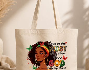 Black Woman Illustration Tote Bag | Inspirational Faith Quote, Butterfly Accent