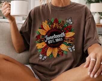 Juneteenth T-Shirt, Sunflower Wreath & Butterfly Graphic, Est. 1865