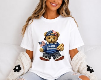 愛国的なテディベアの自由250周年記念Tシャツ | アメリカ国旗独立記念日