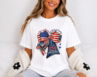 American Flag Bow Tee | 250 Years of Freedom Patriotic Shirt