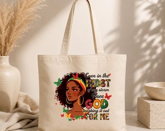 Black Woman Illustration Tote Bag | Inspirational Faith Quote, Butterfly Accent